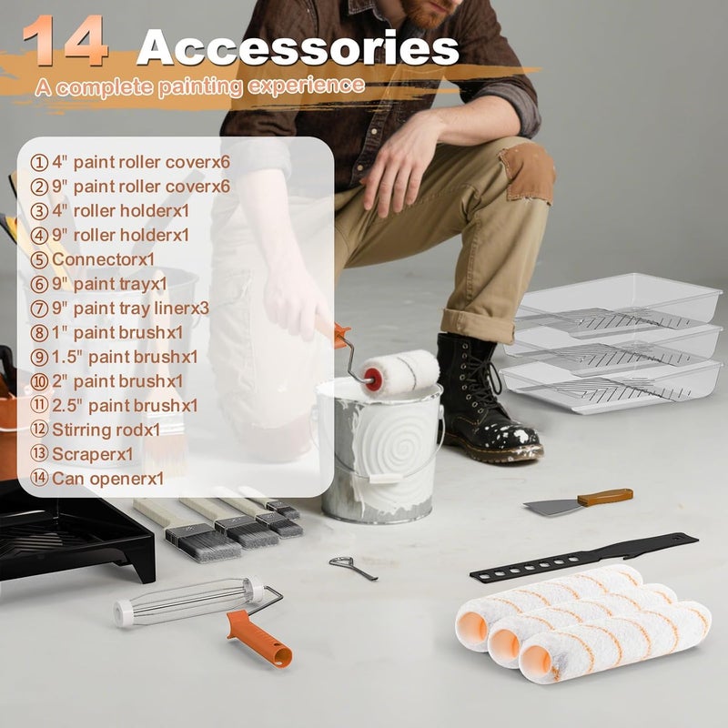 LAANPOLE طقم أسطوانة الطلاء، 27 قطعة من مستلزمات الطلاء، أسطوانات طلاء 9"4"، عمود تمديد 1-4 قدم، فرش طلاء للجدران، أغطية أسطوانة ميكروفايبر للطلاء الاحترافي، برتقالي - Image 2
